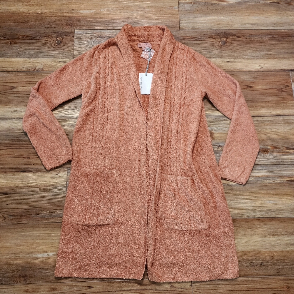 Barefoot Dreams CozyChic Lite Essential Cable Cardigan Sweater Womens XS Apricot